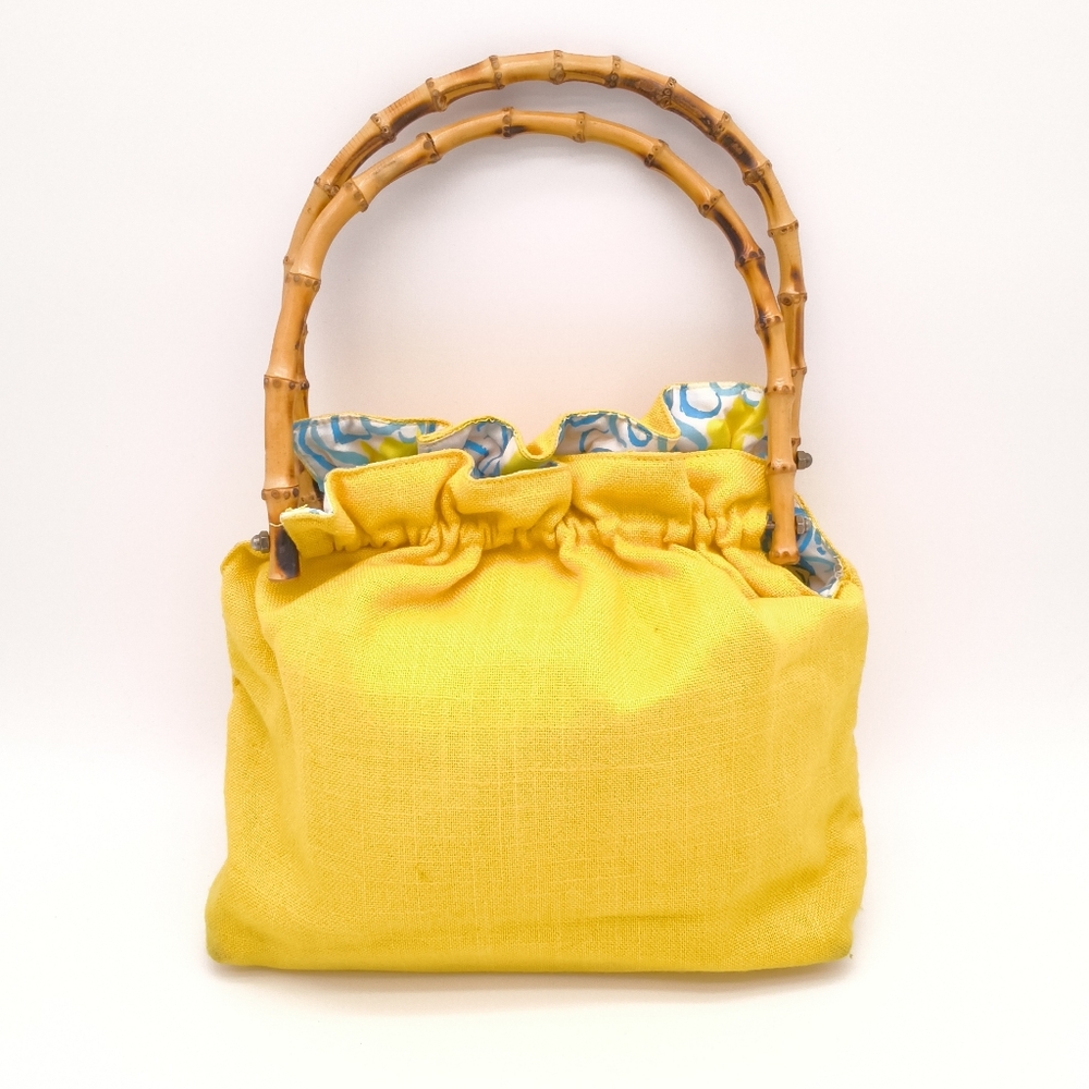Vintage MCM Reversible Yellow Fabric Handbag with Round Bamboo Handles